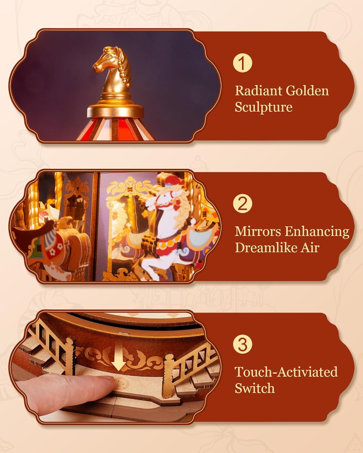 Classic Carousel Music Box Wooden Puzzle With LED Lights 3D Wooden Puzzle