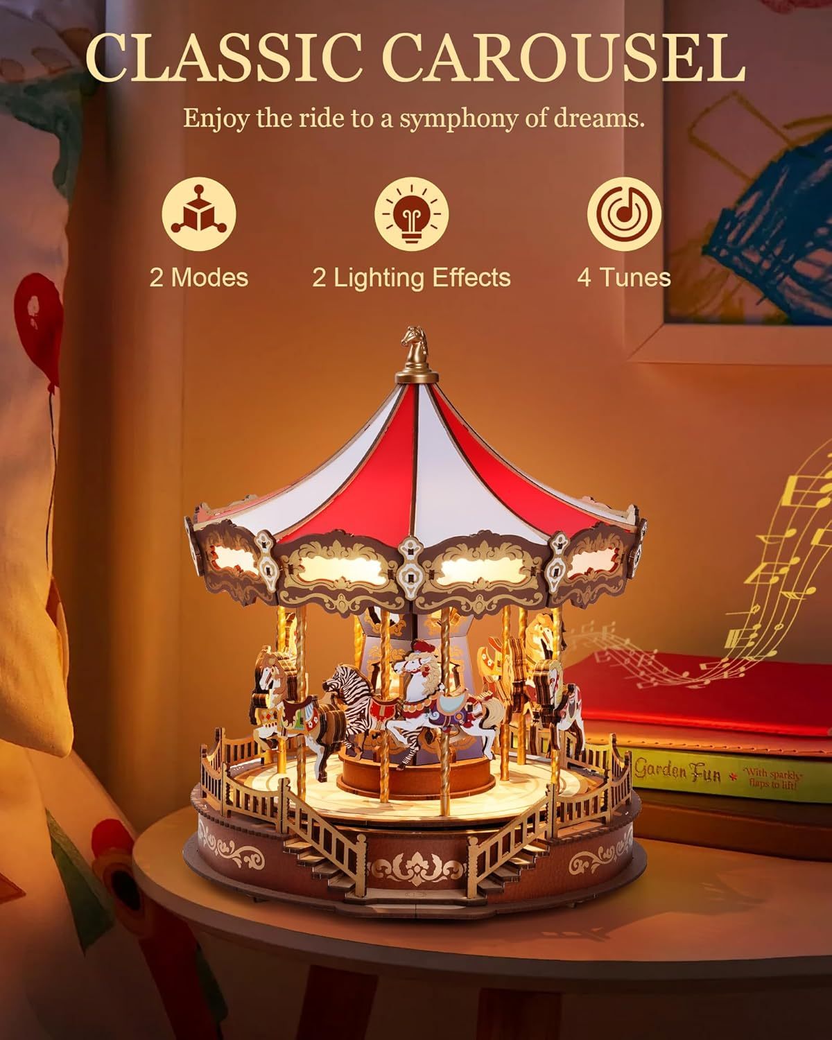 Classic Carousel Music Box Wooden Puzzle With LED Lights 3D Wooden Puzzle