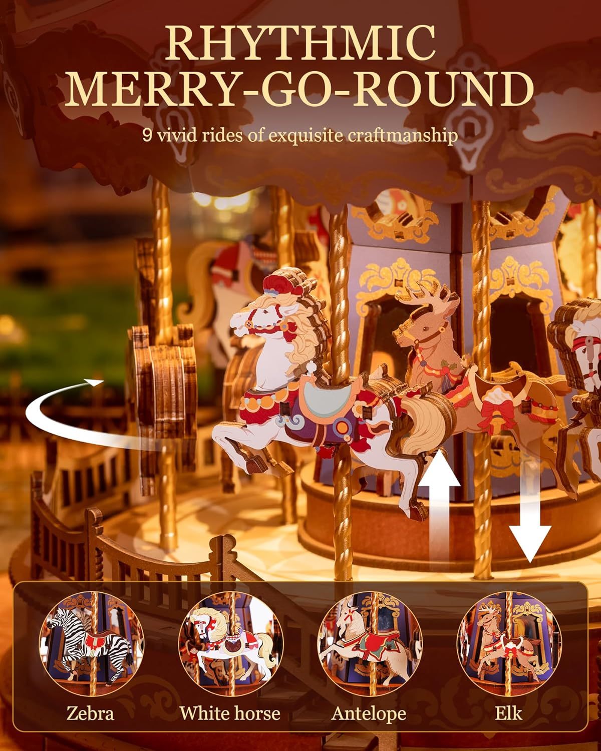 Classic Carousel Music Box Wooden Puzzle With LED Lights 3D Wooden Puzzle