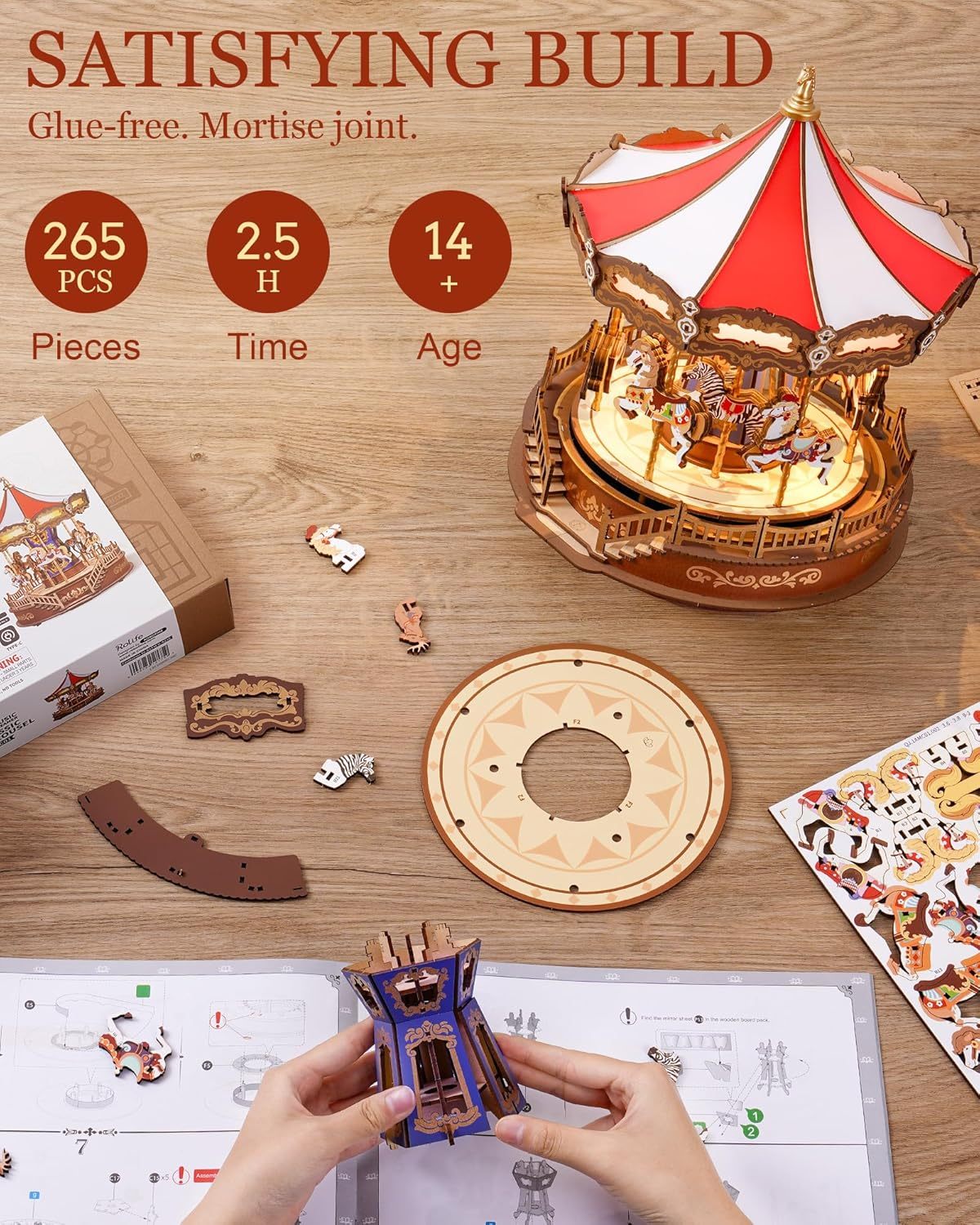 Classic Carousel Music Box Wooden Puzzle With LED Lights 3D Wooden Puzzle