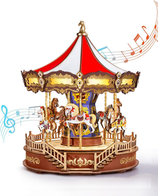 Classic Carousel Music Box Wooden Puzzle With LED Lights 3D Wooden Puzzle