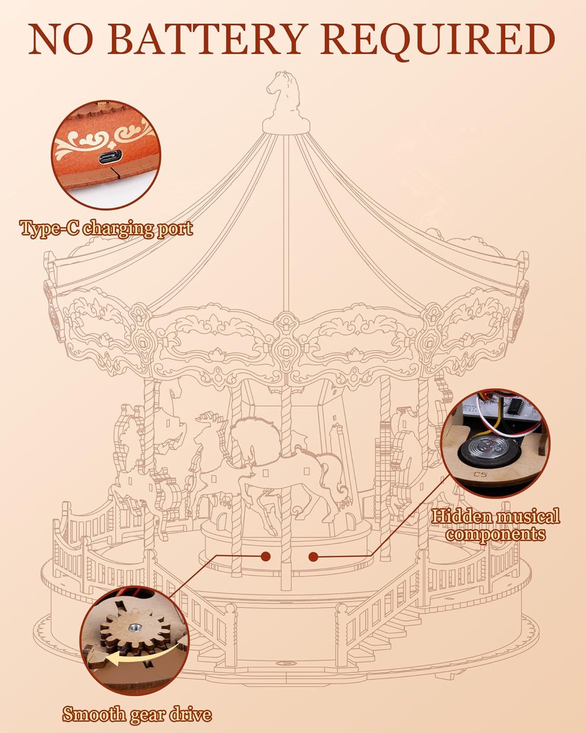 Classic Carousel Music Box Wooden Puzzle With LED Lights 3D Wooden Puzzle